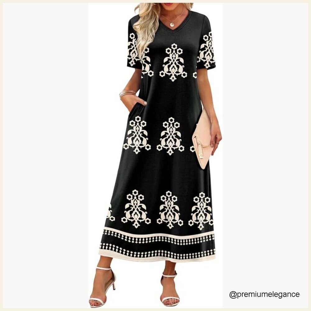V Neck Maxi Dress Floral Summer Casual Midi Vacation Beach Sundress